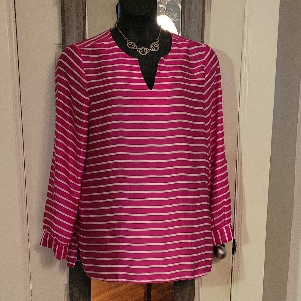 Pink and White Long Sleeve Mandarin Collar Blouse. Sleeves Can Be Worn Rolled up